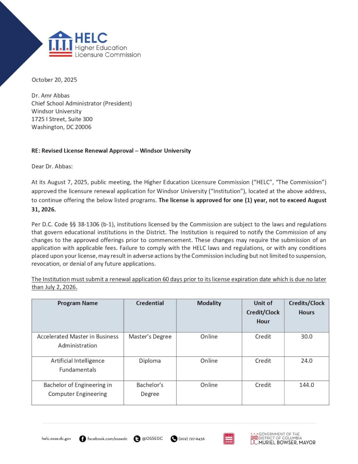 HELC Windsor University official recognition letter