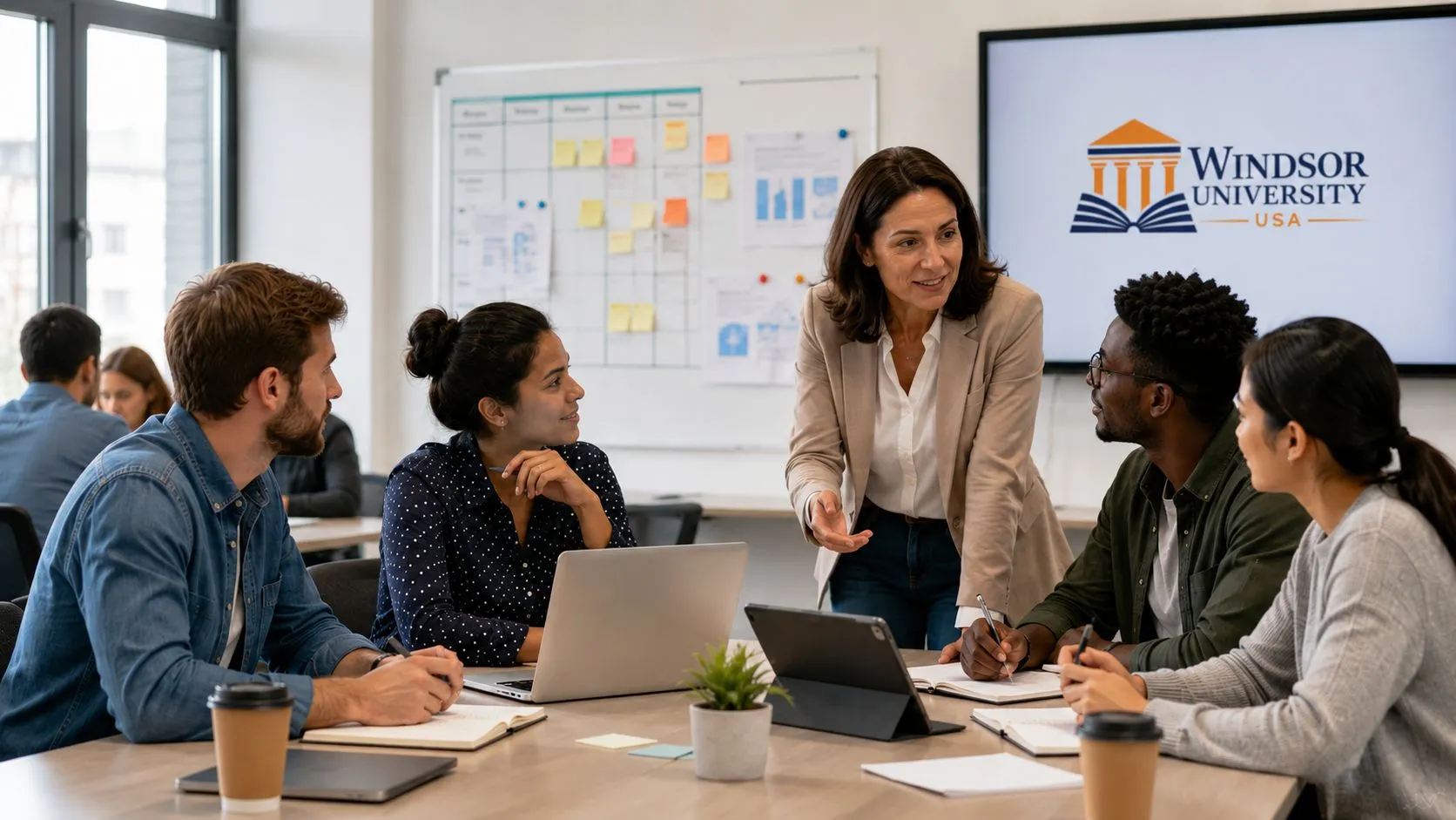 Professionals collaborating in a Windsor University workshop session