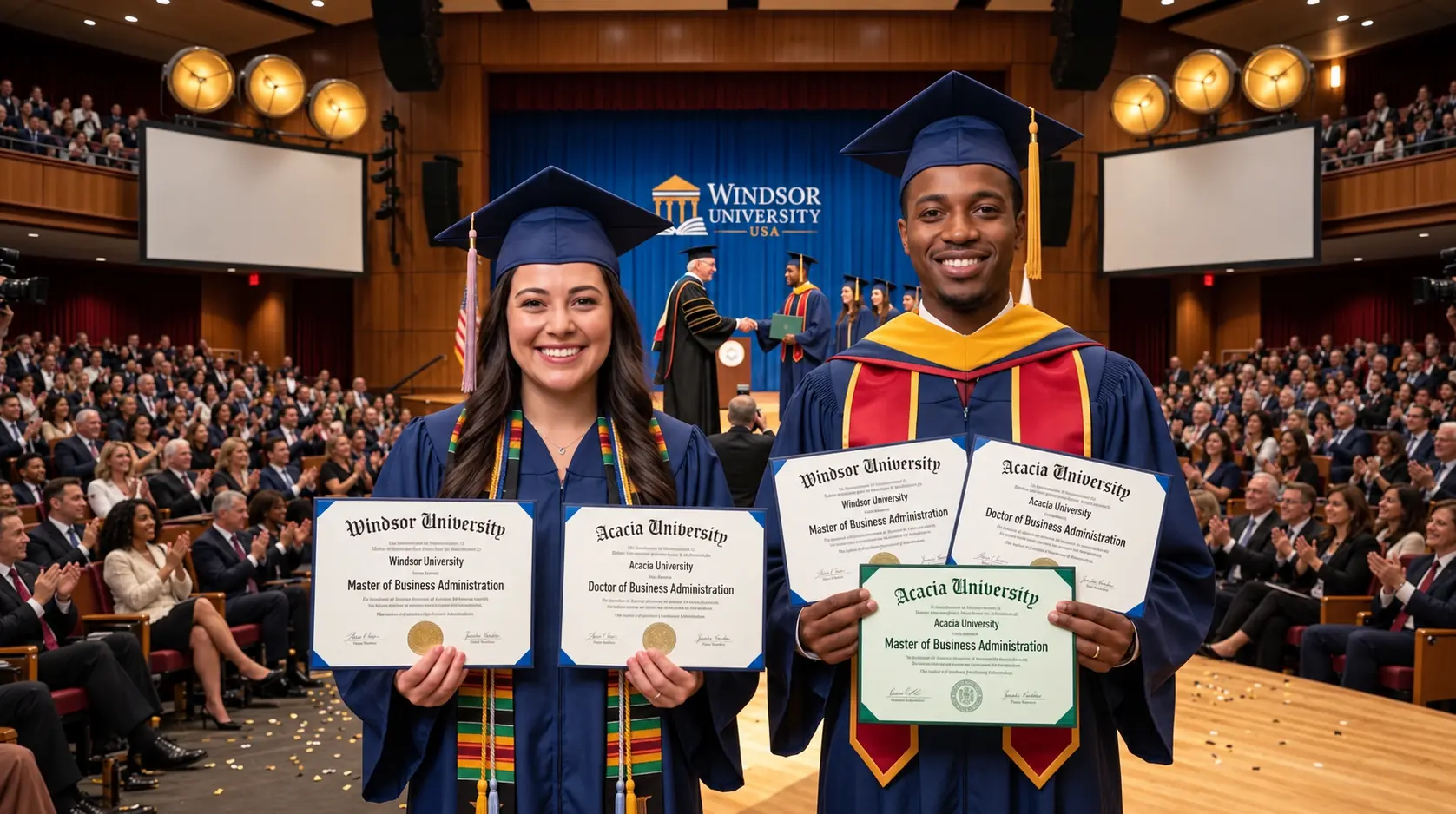 Windsor University graduates holding their business degrees at the graduation ceremony