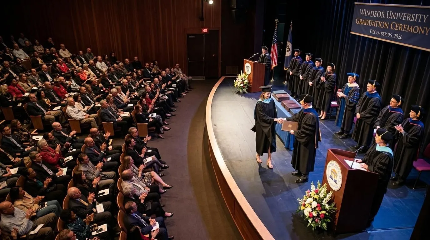 Faculty applaud as a graduate crosses the stage in front of a full auditorium