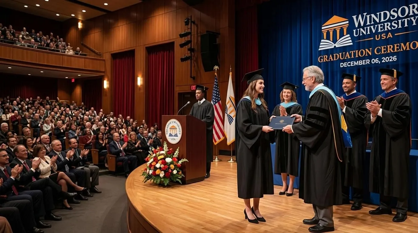 A Windsor University graduate receives her certificate from a professor on stage