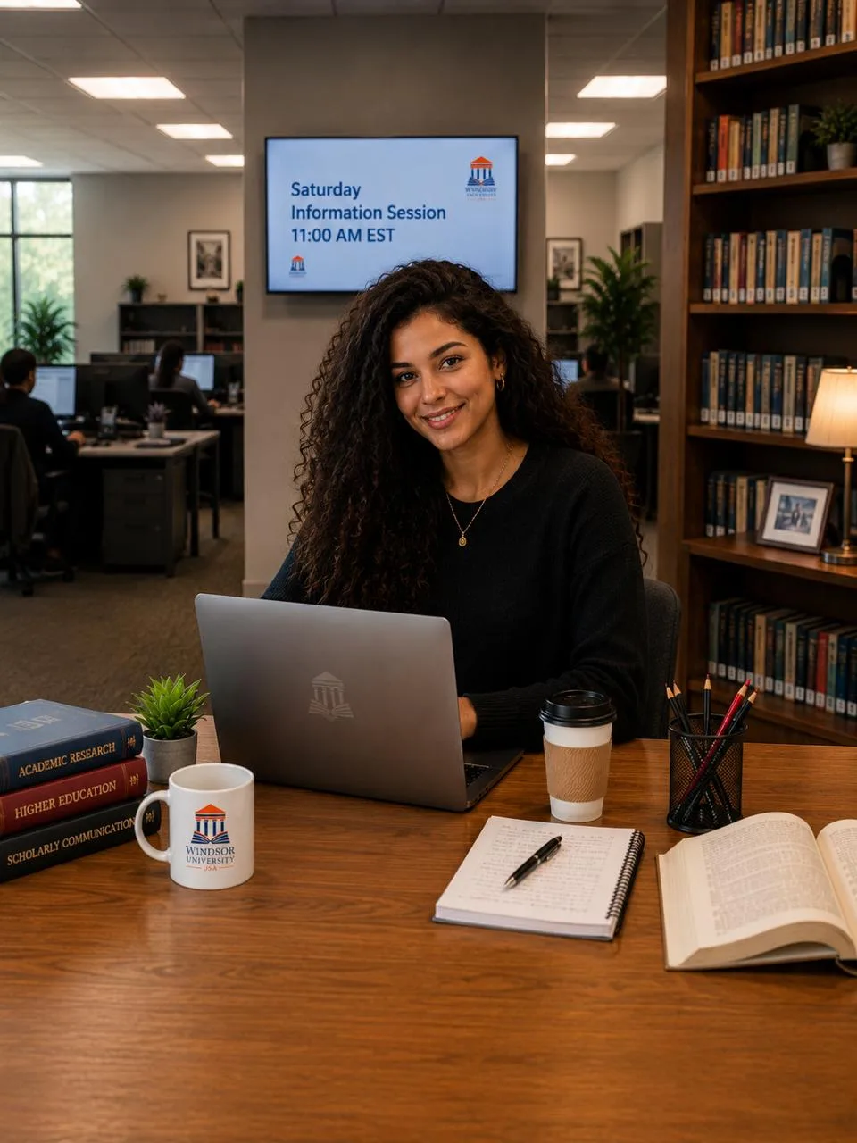 A Windsor University student studying in the library